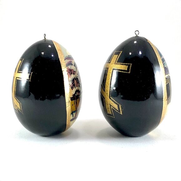 Russian Hand Painted Wooden Eggs Orthodox Christian black lacquer ornaments - Picture 8 of 12